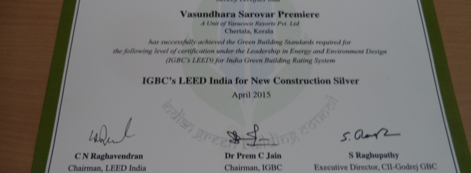 Vasundhara Sarovar Premiere, Vayalaris now LEED – Silver Certified