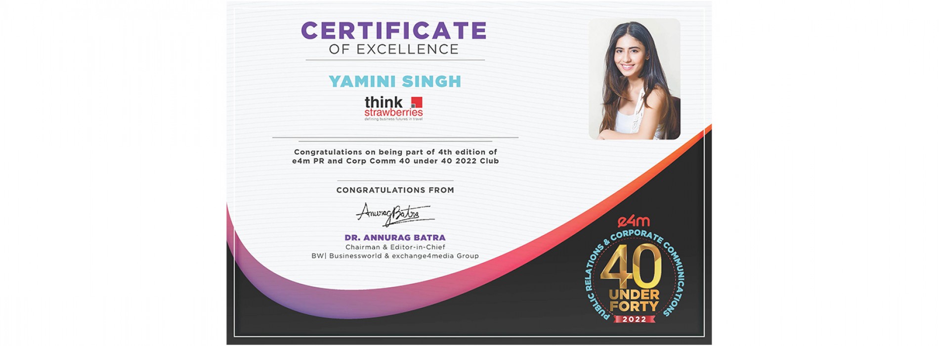 Think Strawberries’ Yamini Singh recognized in prestigious  e4m PR and Corp Comm ‘40 Under 40’ list